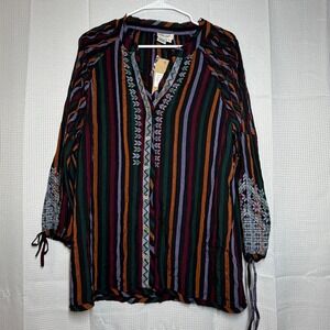 Tru Luxe Jeans Tunic Blouse M Multicolor Striped Embroidered Button Front